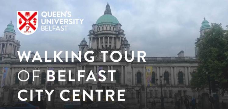 Front of Belfast city hall with the title 'Walking Tour of Belfast City Centre' on top of it