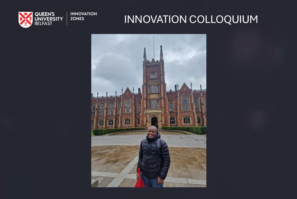 Student Tatenda in front on Lanyon building