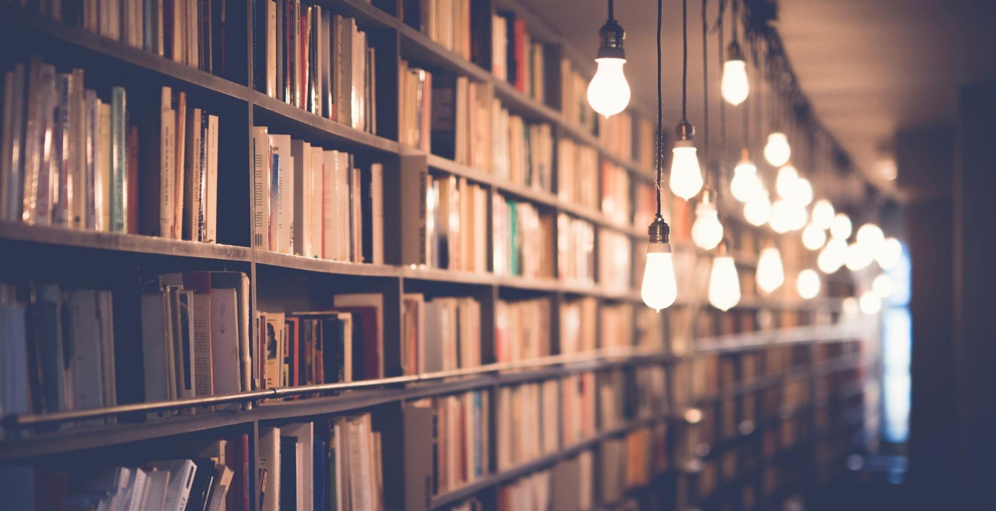Book shelves lit by vintage light bulbs