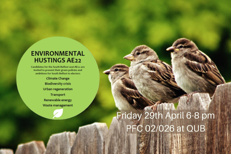 3 sparrows sitting on a fence with text: South Belfast Environmental Hustings, Friday 29th April 6-8 pm, PFC 02/026 at QUB