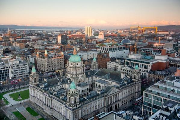 aerial view of Belfast City Hall and Belfast City, looking towards Belfast Lough