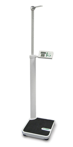 A picture of a stadiometer including weighing scales against a white background.