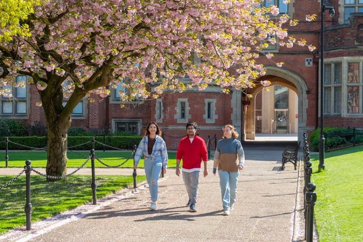 students in quad with cherry blossom