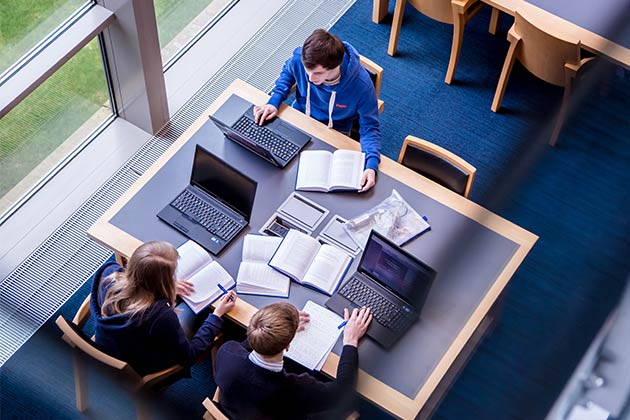 students studying in the McClay library using laptops