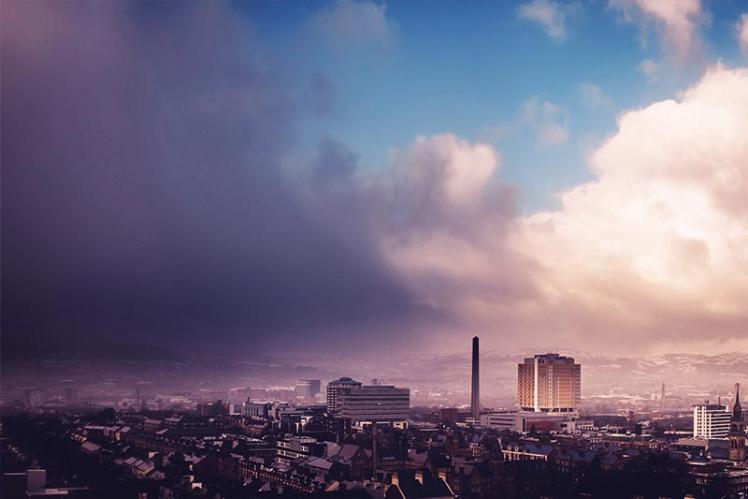 View of Belfast skyline from top of Ashby building, including Belfast city hospital