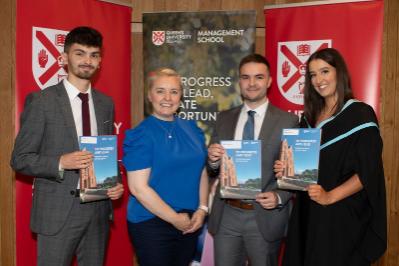 Jack Hood, Joshua Park and Rebecca Moyle, Winners of Sir William Crawford Prize, Best Graduates in Business Management