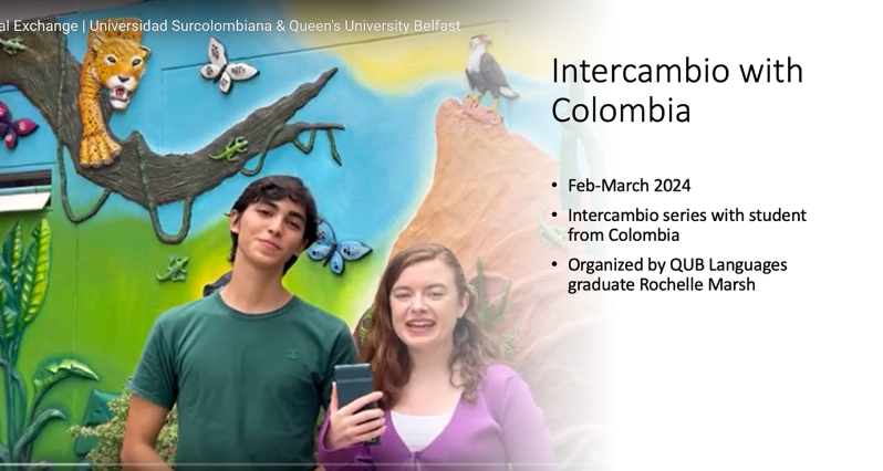 Rochelle Marsh and a student from Universidad Surcolombiana stand infront of a mural of a jungle scene. Beside the image are the details of the Intercambio meetings