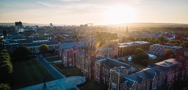 Lanyon Building aerial view with winter evening sun rays 