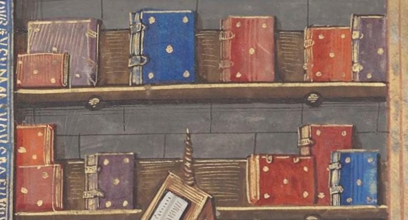 Illustration of medieval books on a shelf.  