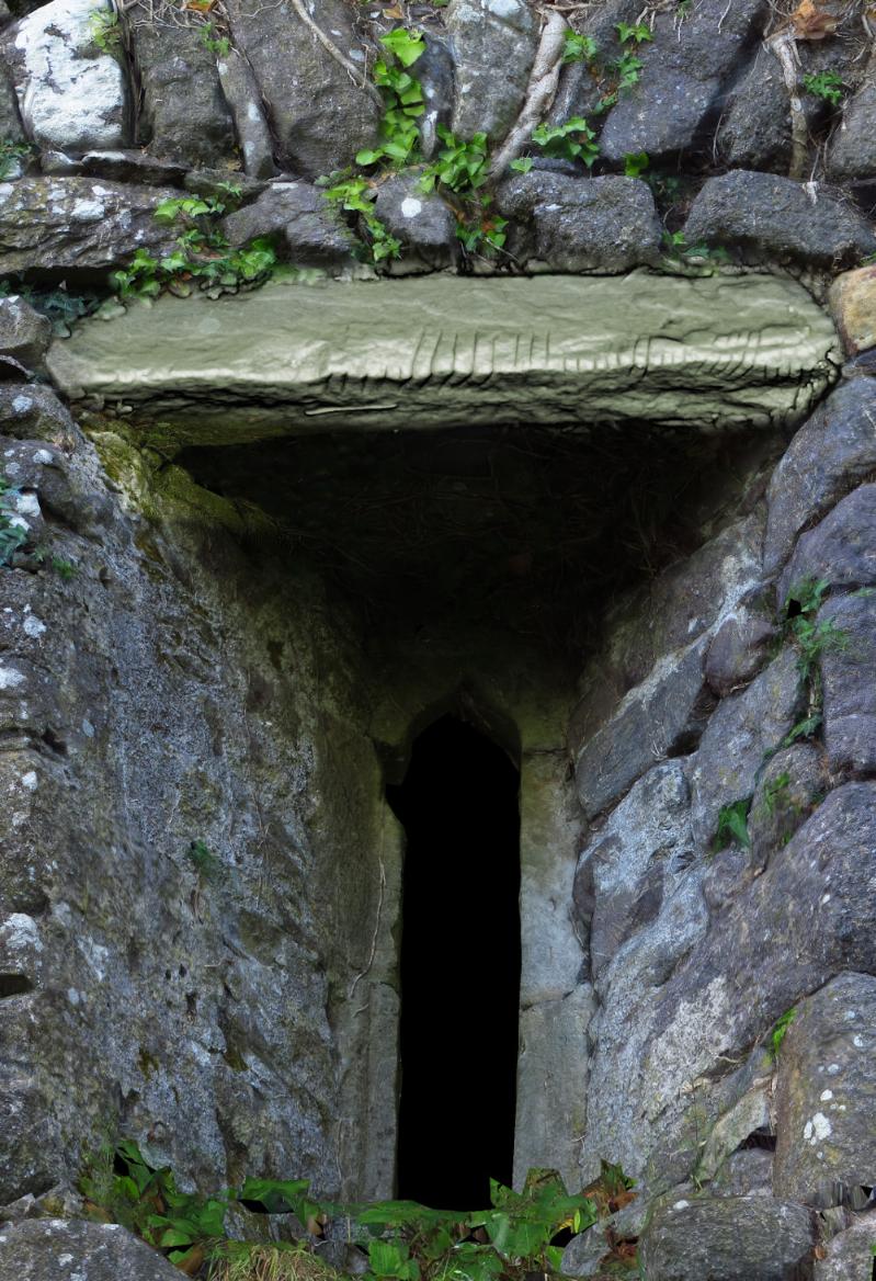 image with 3d visualisation of an ogham stone built into a church