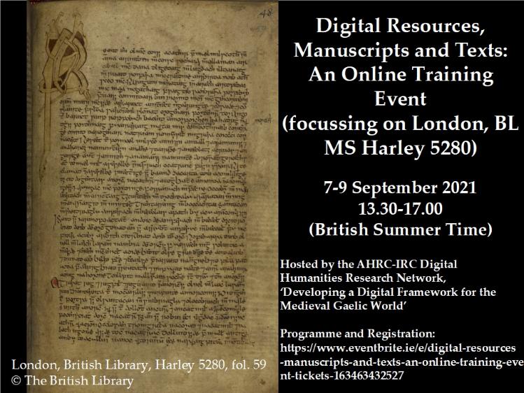 A manuscript image and details of the training event, including a registration link