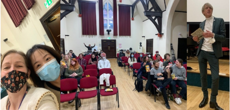 Tripych shown from left tp right: selfie with Franzika Scroeder and International student, laughing, seated students gathered in the Harty Room and full length image of Glenn Patterson addressing the audience