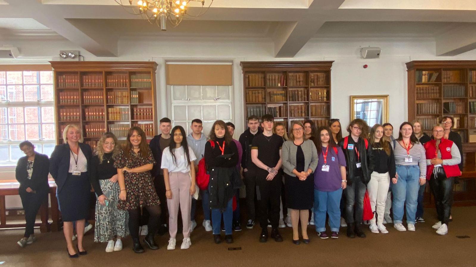QUB Law Pathway summer school pupils at the Royal Courts of Justice with Lady Chief Justice Dame Siobhan Keegan