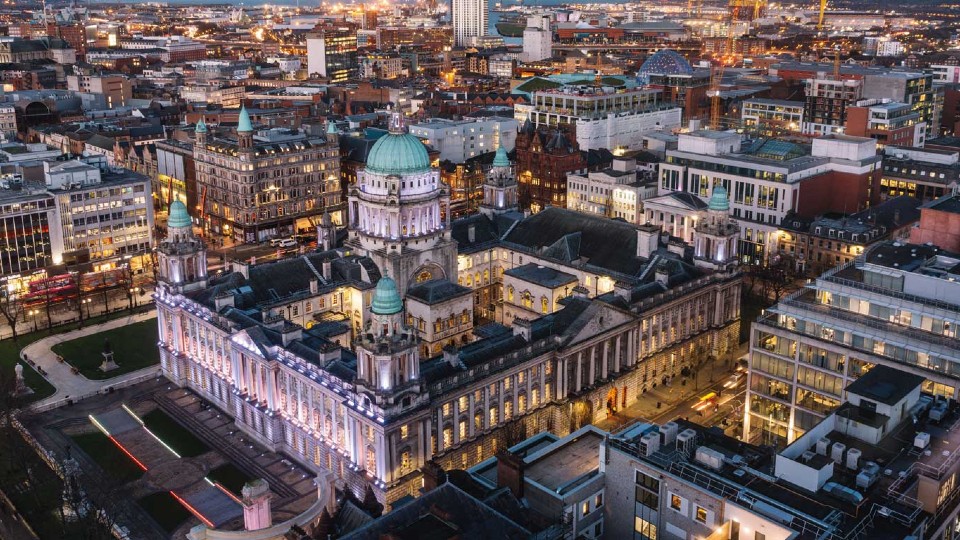 Belfast City Hall and surrounding streets at dusk