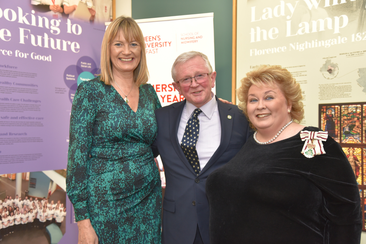 Professor Donna Fitzsimons, Deputy Lord Lieutenant Professor Martin Bradley, Lord Lieutenant Dame Fionnuala Jay-O'Boyle at the Florence Nightingale Exhibition