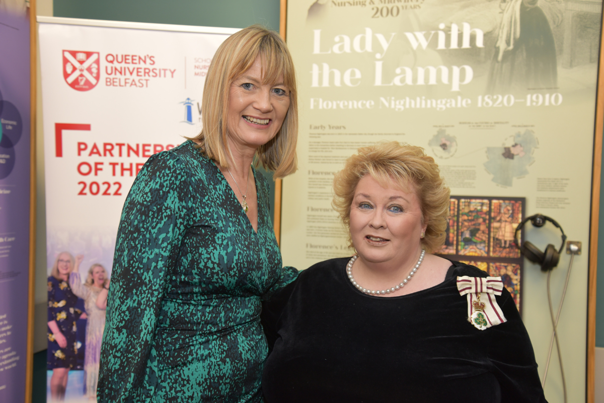 Professor Donna Fitzsimons and Lord Lieutenant Dame Fionnuala Jay-O'Boyle at the Florence Nightingale Exhibition in the MBC