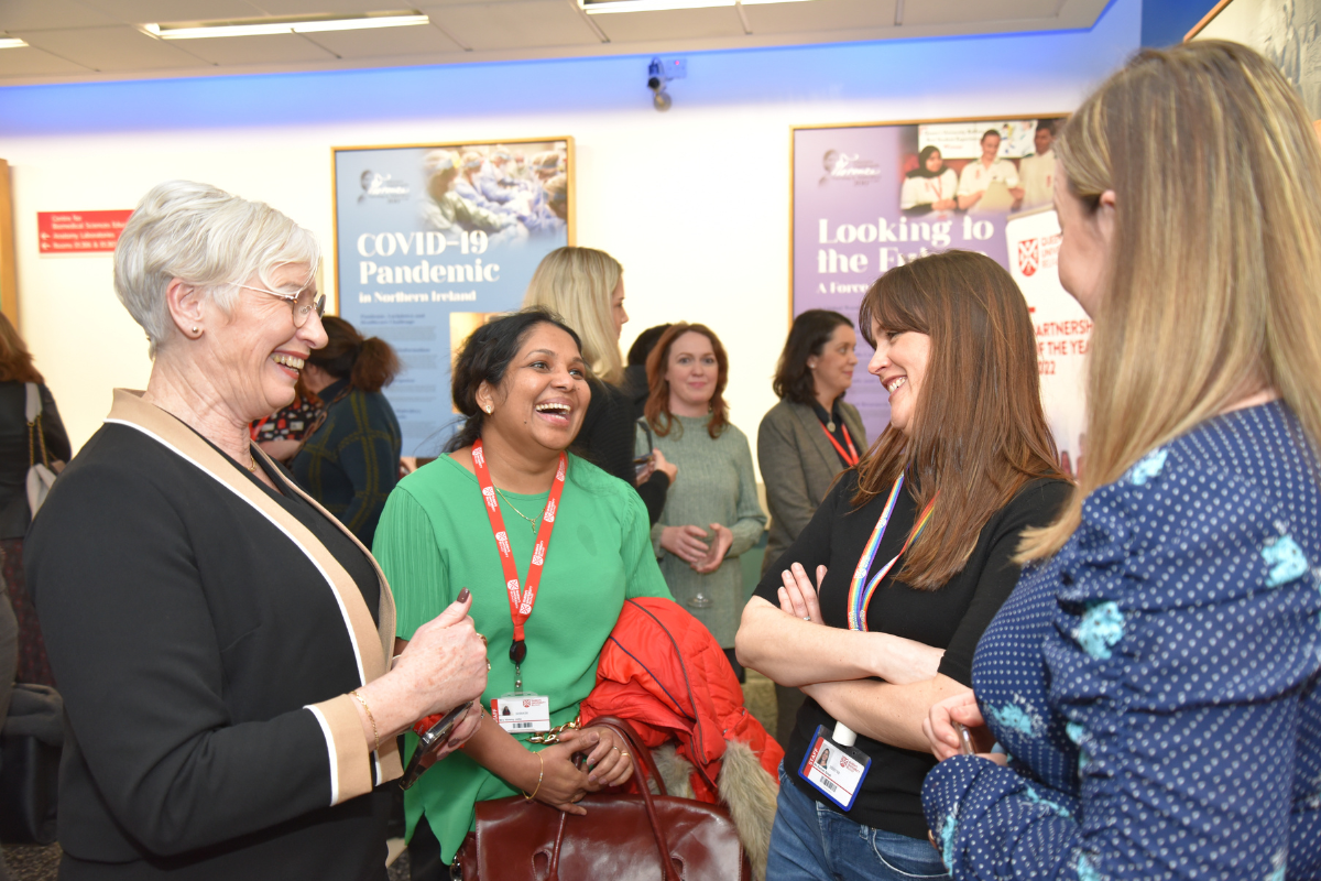 Professor Christine Wilson Brown, Nimmy John and Rachel Small chatting at the Florence Nightingale Exhibition in the MBC