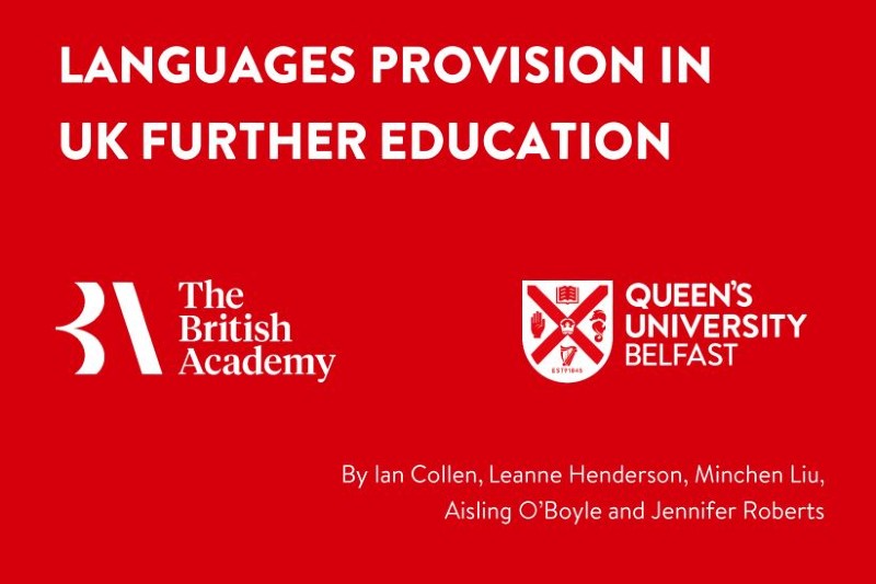 red background with white logos and white text: Languages Provision in Further Education