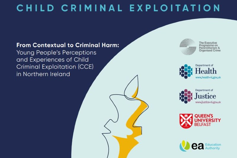 report cover with Child Criminal Exploitation title and logos from Dept of Health, Dept of Justice, Queen's University Belfast and Education Authority