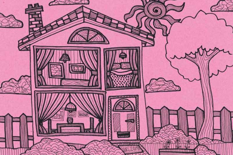 pink background with childlike line drawing of front of house with fencing either side and tree to the right