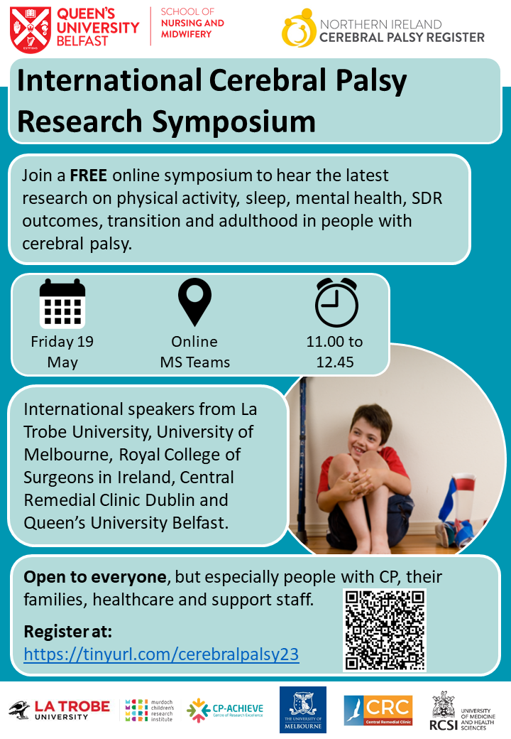 Flyer advertising the free online International Cerebral Palsy Research Symposium on Friday 19 May 11am to 12:45pm