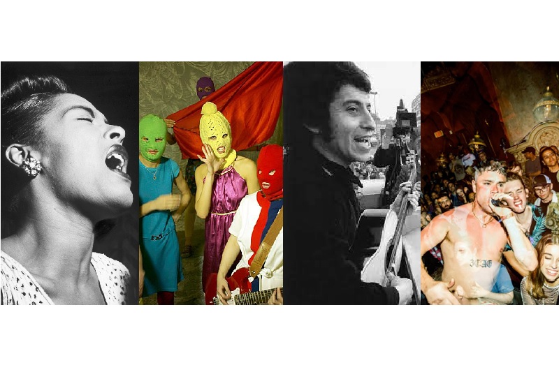 Quadriptych containing images of, from left to right, head and shoulders of Billie Holiday singing, head and shoulders of Víctor Jara, the band Pussy Riot and the band Kneecap