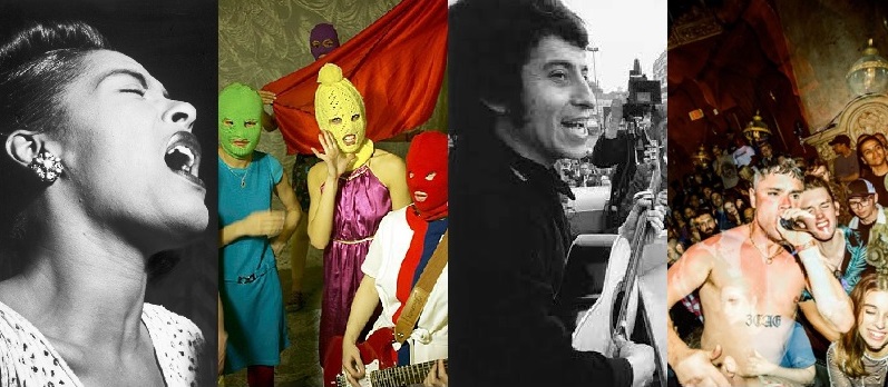 Quadriptych containing images of, from left to right, head and shoulders of Billie Holiday singing, head and shoulders of Víctor Jara, the band Pussy Riot and the band Kneecap