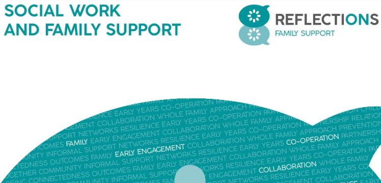 Title: Social Work and Family Support - Reflections: Family Support, with back of words relating to family, early engagement and collaboration