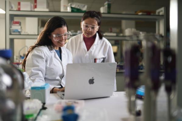 Researchers looking at computer in pharmacy lab