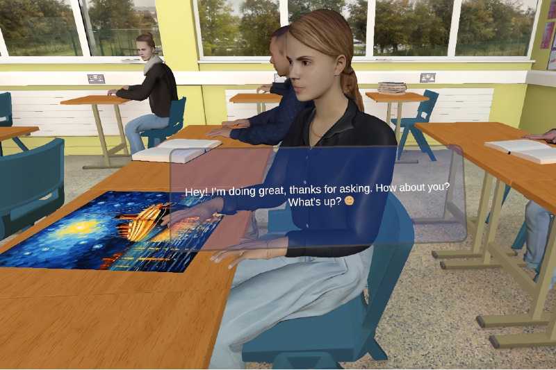 virtual classroom with female pupil at a desk, looking at a small colourful screen
