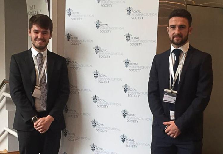 Image of Scott Davidson and John Gillen, former MPharm students, presenting research at the Royal Pharmaceutical Society Conference