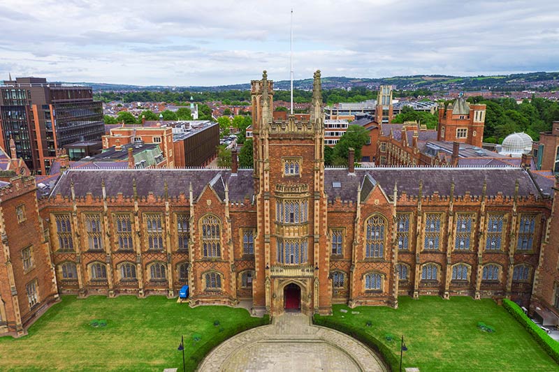 head on view of the Lanyon building with views of Belfast in the background