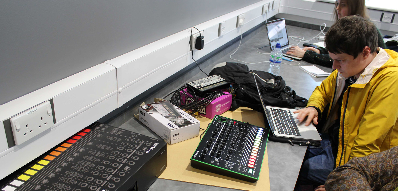 Lots of Max patches + Roland TR8 drum machine and a Korg Volca Bass that were also used in the final performance