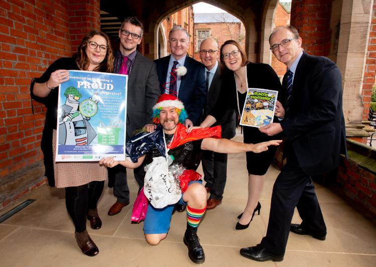 A photo of representatives from Queen's University, the Education Authority, Keep Northern Ireland Beautiful, and the Department for Education at the launch of the recent plastics in schools competition