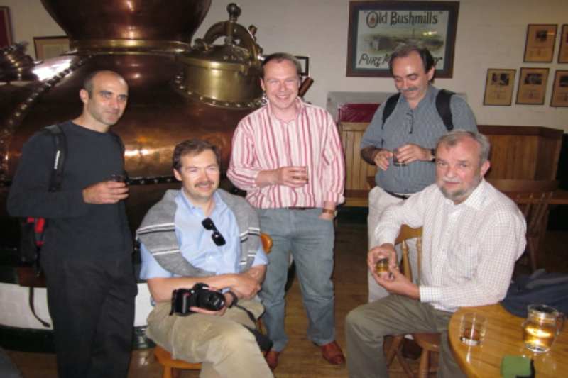High-Level Ferroelectric Discussions in Bushmills (2010). From left to right: Gustau Catalan, Alexei Gruverman (seated), Marty Gregg, Marin Alexe and Jim Scott (seated).