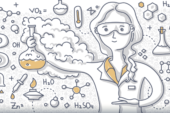 A cartoon image of a chemist surrounded by chemicals in the lab