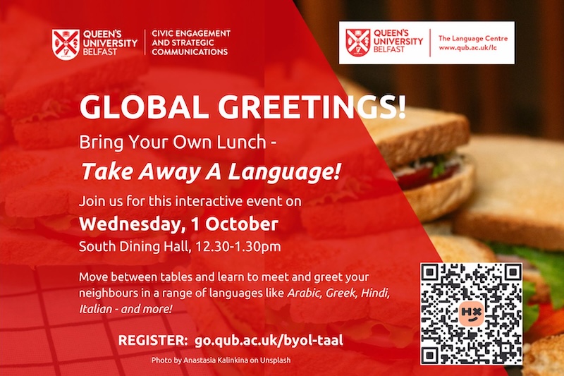 Image with event details, white lettering on red, with a photograph of sandwiches in the background.