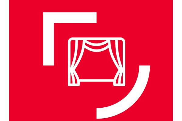 white outline of stage with curtains inside white brackets against red background
