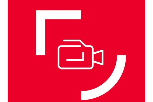 white outline of camera within white brackets against a red background