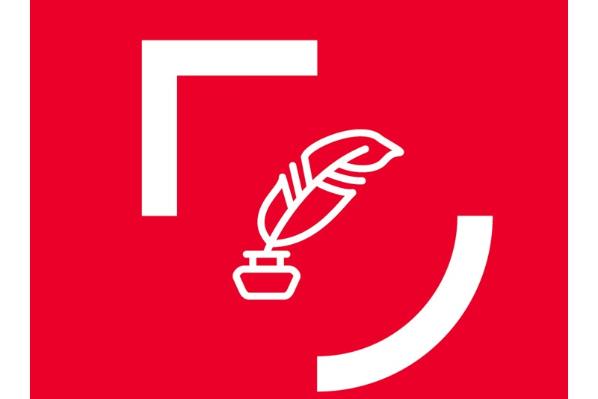 white outline of a quill dipped in a pen pot within white brackets against a red background