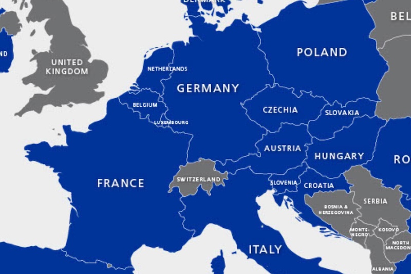 map of europe with countries coloured in blue or grey