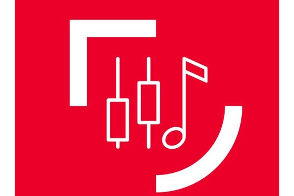 white outline of music notes within white brackets against a red background