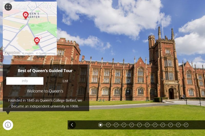 Virtual tour screenshot showing the Lanyon building and a map