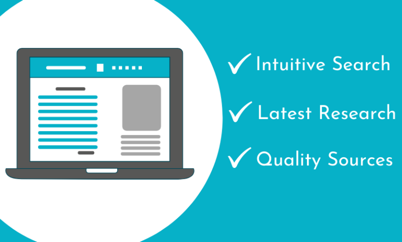 Laptop displaying website and text: Intuitive, Latest research, quality sources