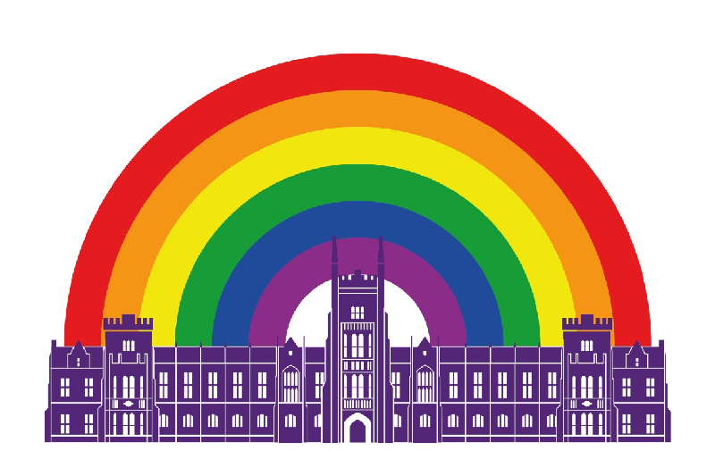 Logo of PRISM - LGBT+ Staff Network at QUB, illustration of rainbow over Lanyon Building