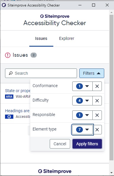 The Siteimprove extension window showing filters applied