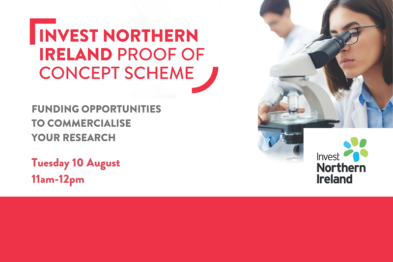 Invest NI funding opportunities to commercialise research - with image of female researcher looking through a microscope
