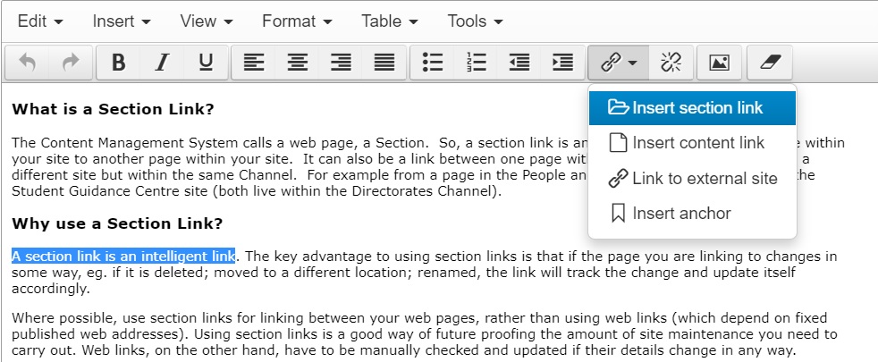Creating a Section Link Menu in the Text Editor