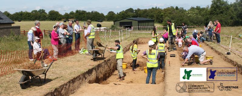 Excavation at Mountjoy Fort with logos of Lough Neagh Landscape Partnership and supporters