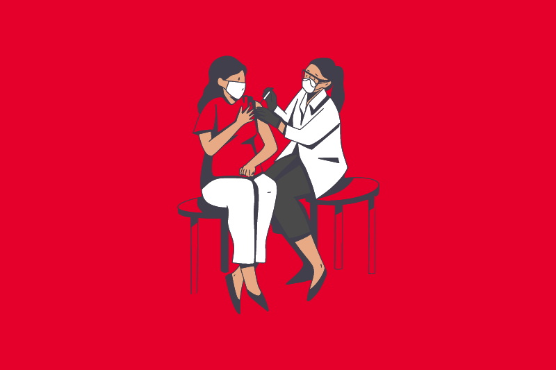 DRAWING OF A WOMAN RECEIVING HER VACCINATION FROM A MEDICAL PROFESSIONAL IN A WHITE COAT